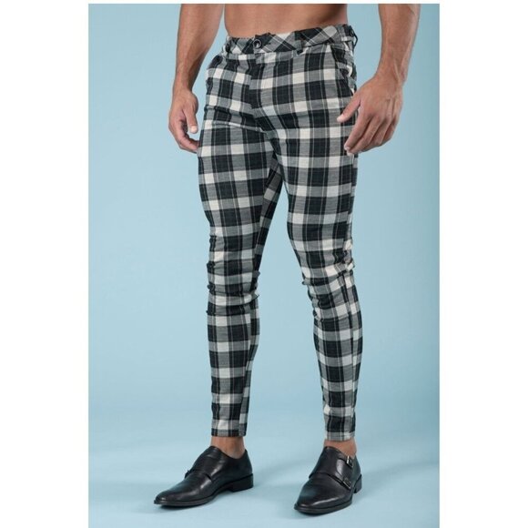 YoungLA Dapper Dress Pants Mens 30x30 Black Plaid Adjustable Waist 614 Tapered - Picture 2 of 16